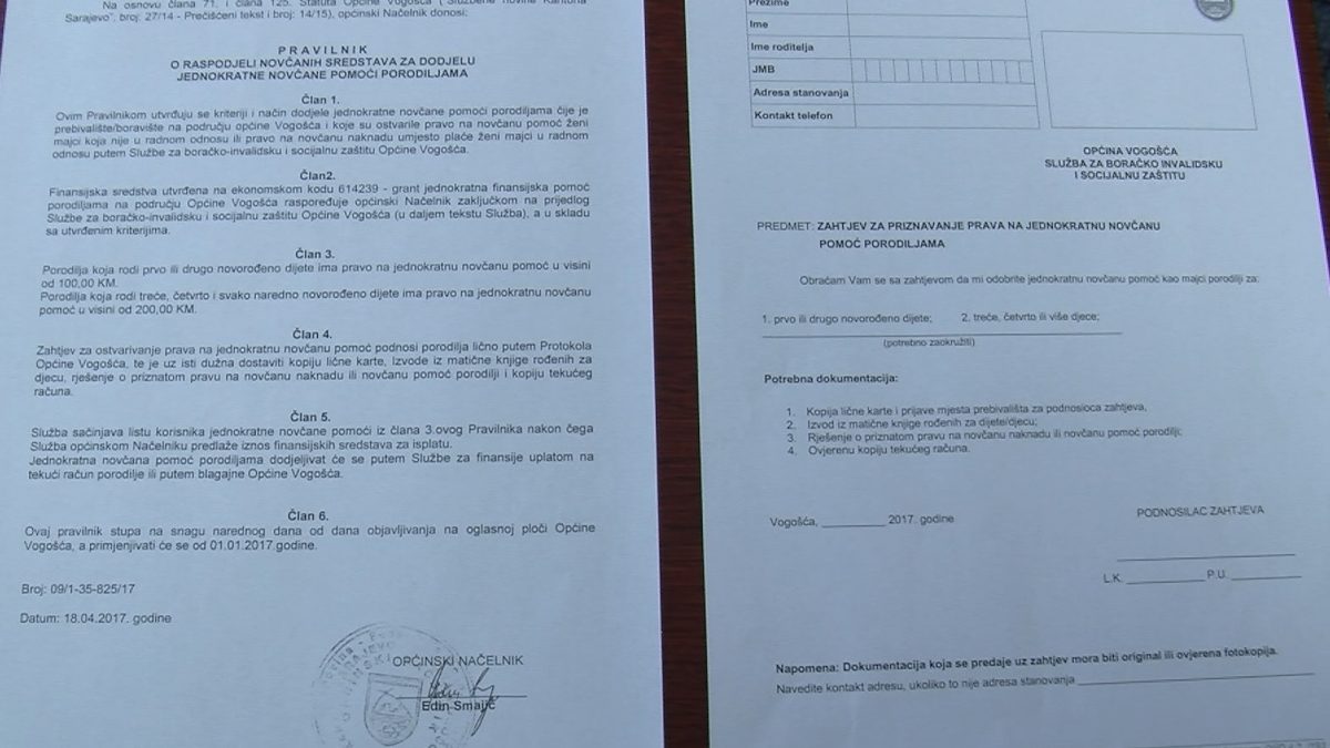 OPĆINA VOGOŠĆA:  PRAVO NA JEDNOKRATNU NOVČANU POMOĆ PORODILJAMA U 2017. GODINI REGULISANO PRAVILNIKOM