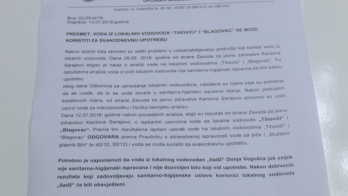 VODA SA LOKALNIH IZVORIŠTA “BLAGOVAC” I “TIHOVIĆI” ZA PIĆE, “ILADŽ” JOŠ UVIJE ZABRANJEN ZA UPOTREBU