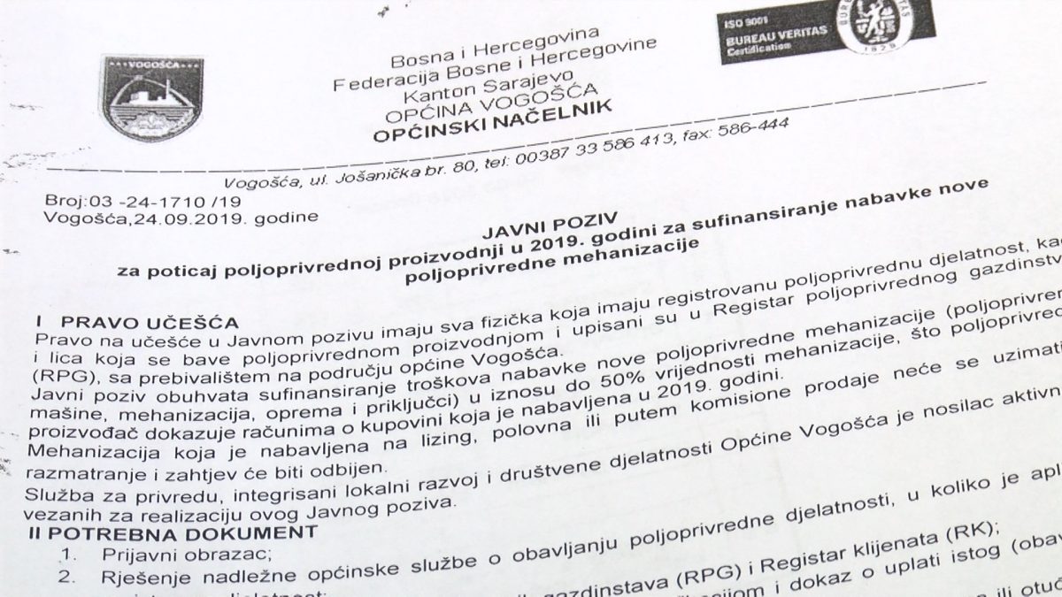 U VOGOŠĆI OBJAVLJEN JAVNI POZIV ZA SUFINANSIRANJE NABAVKE POLJOPRIVREDNE MEHANIZACIJE
