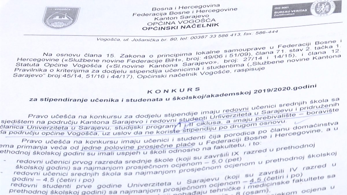 OBJAVLJEN KONKURS ZA STIPENDIRANJE UČENIKA I STUDENATA U ŠKOLSKOJ/AKADEMSKOJ 2019/2020.GODINI U OPĆINI VOGOŠĆA