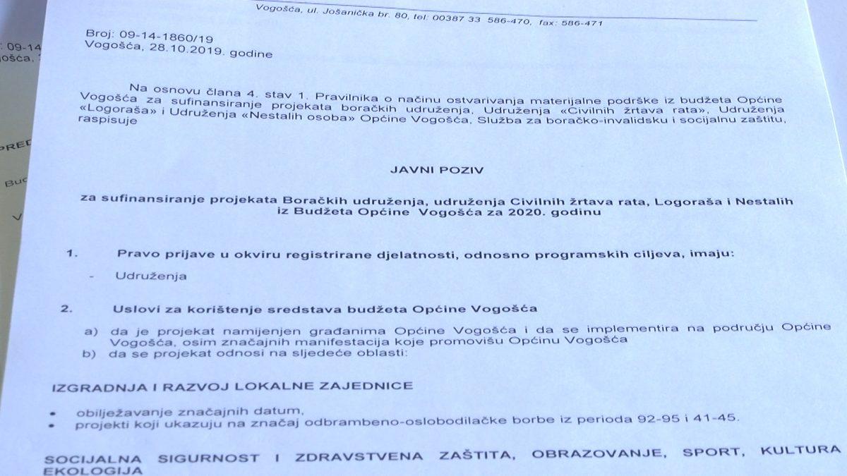 OPĆINA VOGOŠĆA OBJAVILA JAVNI POZIV ZA SUFINANSIRANJE PROJEKATA BORAČKIH UDRUŽENJA