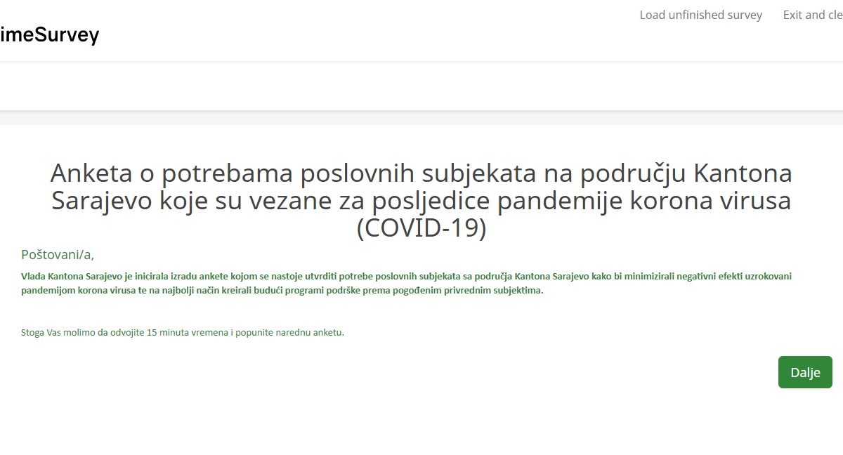 MINISTARSTVO PRIVREDE KANTONA SARAJEVO: ANKETA O POTREBAMA POSLOVNIH SUBJEKATA NA PODRUČJU KANTONA SARAJEVO KOJE SU VEZANE ZA POSLJEDICE PANDEMIJE KORONA VIRUSA (COVID-19)