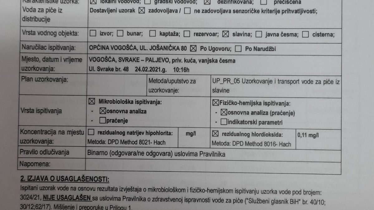 HIGIJENSKI NEISPRAVNA VODA NA LOKALNOM VODOVODU „PALJEVO“