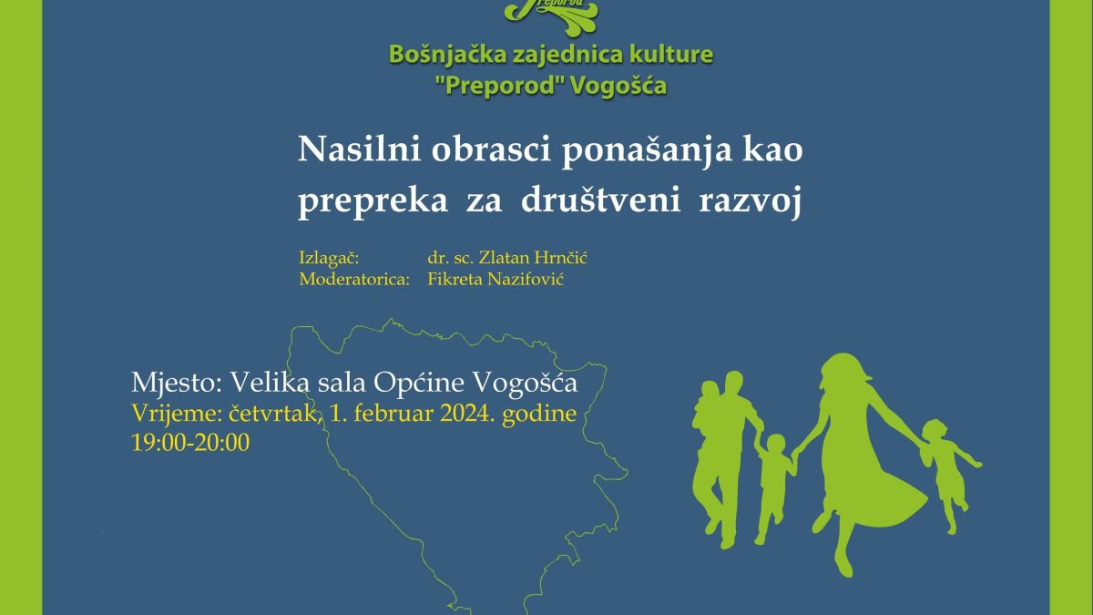 VOGOŠĆANSKI PREPOROD ORGANIZUJE TRIBINU O TEMI “NASILNI OBRASCI PONAŠANJA KAO PREPREKA ZA DRUŠTVENI RAZVOJ”