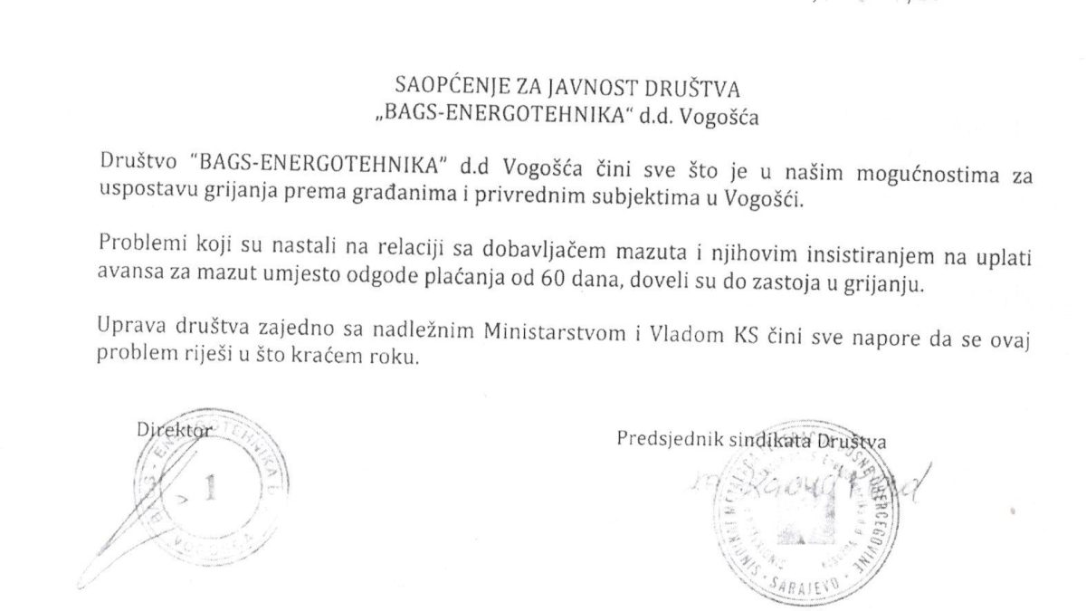 SAOPŠTENJE ZA JAVNOST DRUŠTVA “BAGS – ENERGOTEHNIKA” d.d. VOGOŠĆA
