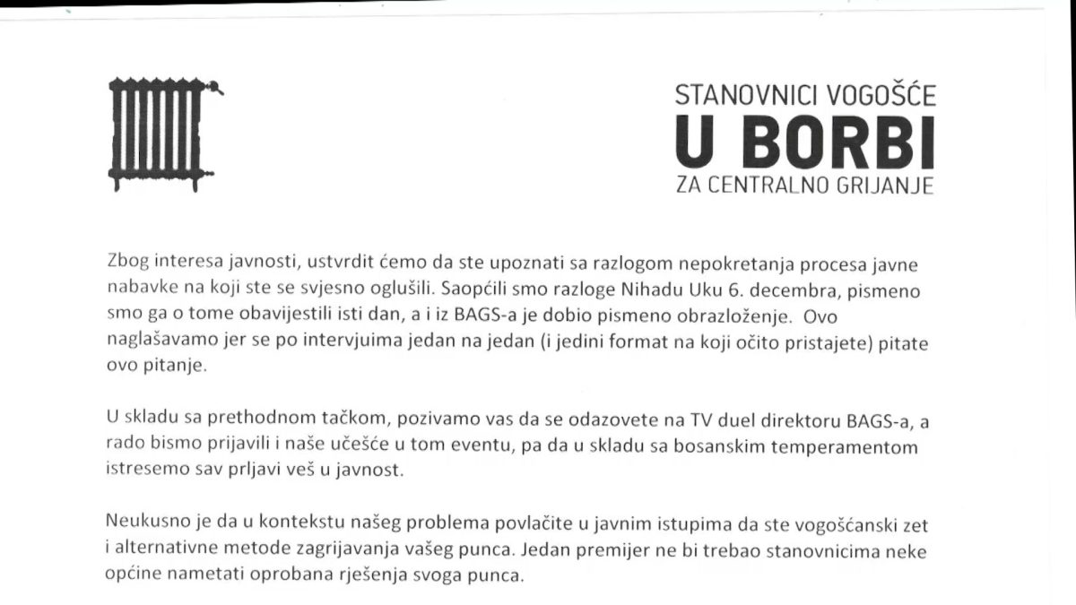 GRAĐANI VOGOŠĆE KOJI SE BORE ZA CENTRALNO GRIJANJE PREMIJERU I MINISTRIMA KS UPUTILI JOŠ JEDAN DOPIS