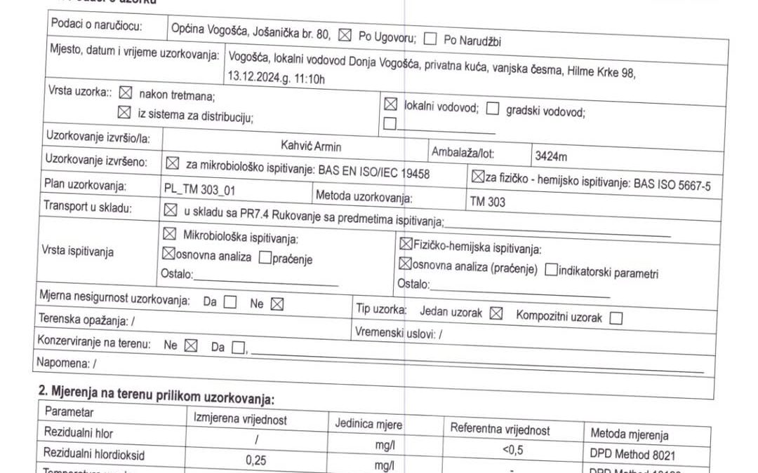 OBAVIJEST O REDOVNOJ ANALIZI VODE NA LOKALNIM VODOVODIMA