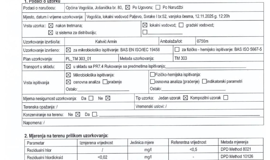 OBAVIJEST O REDOVNOJ ANALIZI VODE NA LOKALNIM VODOVODIMA