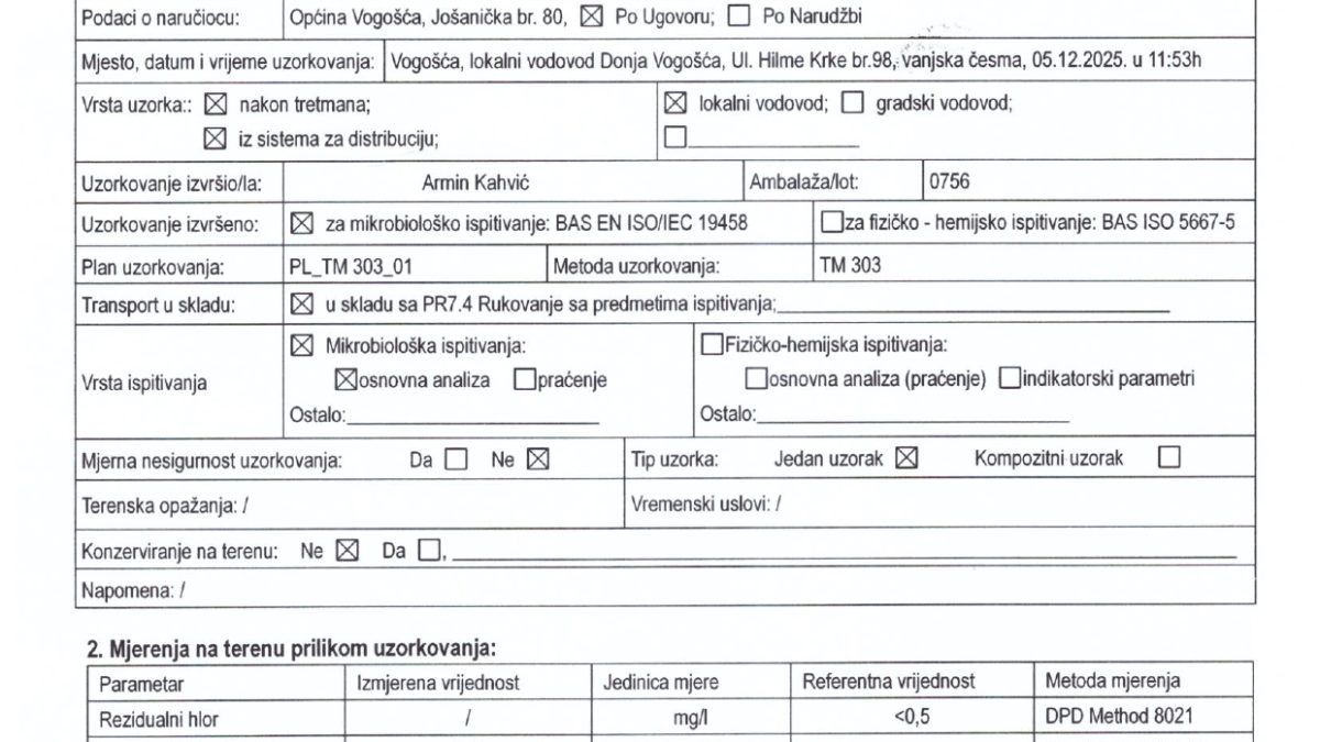 OBAVIJEST O REDOVNOJ ANALIZI VODE NA LOKALNIM VODOVODIMA