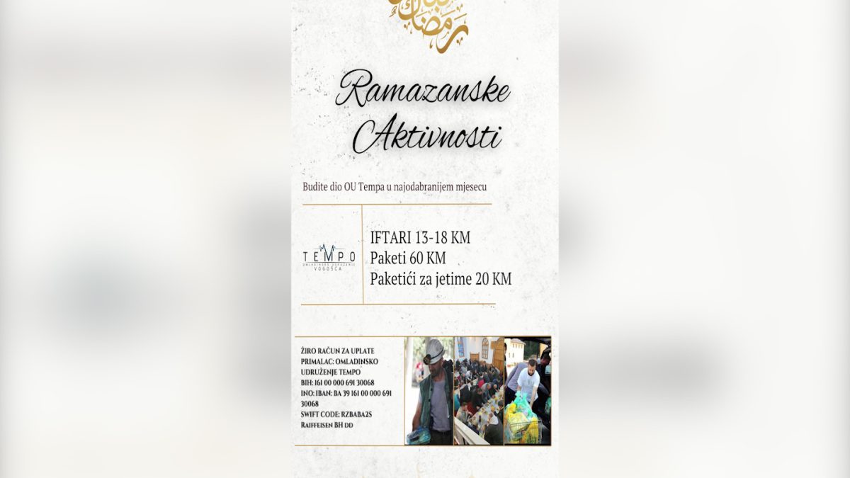 ČLANOVI OMLADINSKOG UDRUŽENJA “TEMPO” I OVOG RAMAZANA POSTAČIMA NA KUĆNE ADRESE DOSTAVLJAJU IFTARE