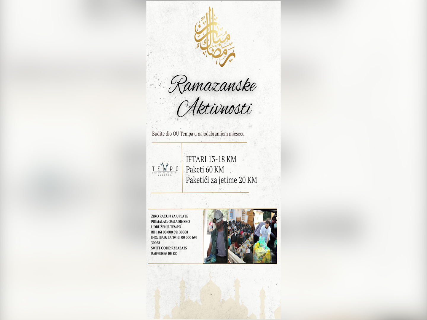 ČLANOVI OMLADINSKOG UDRUŽENJA “TEMPO” I OVOG RAMAZANA POSTAČIMA NA KUĆNE ADRESE DOSTAVLJAJU IFTARE